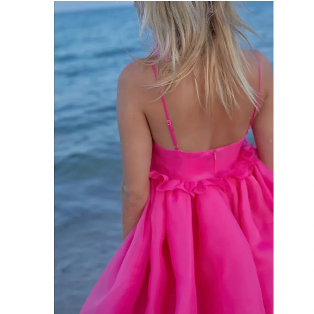 Free People SELKIE The Cali Rosebud Puff Ruffles babydoll Mini Dress Neon Pink S - Picture 2 of 7